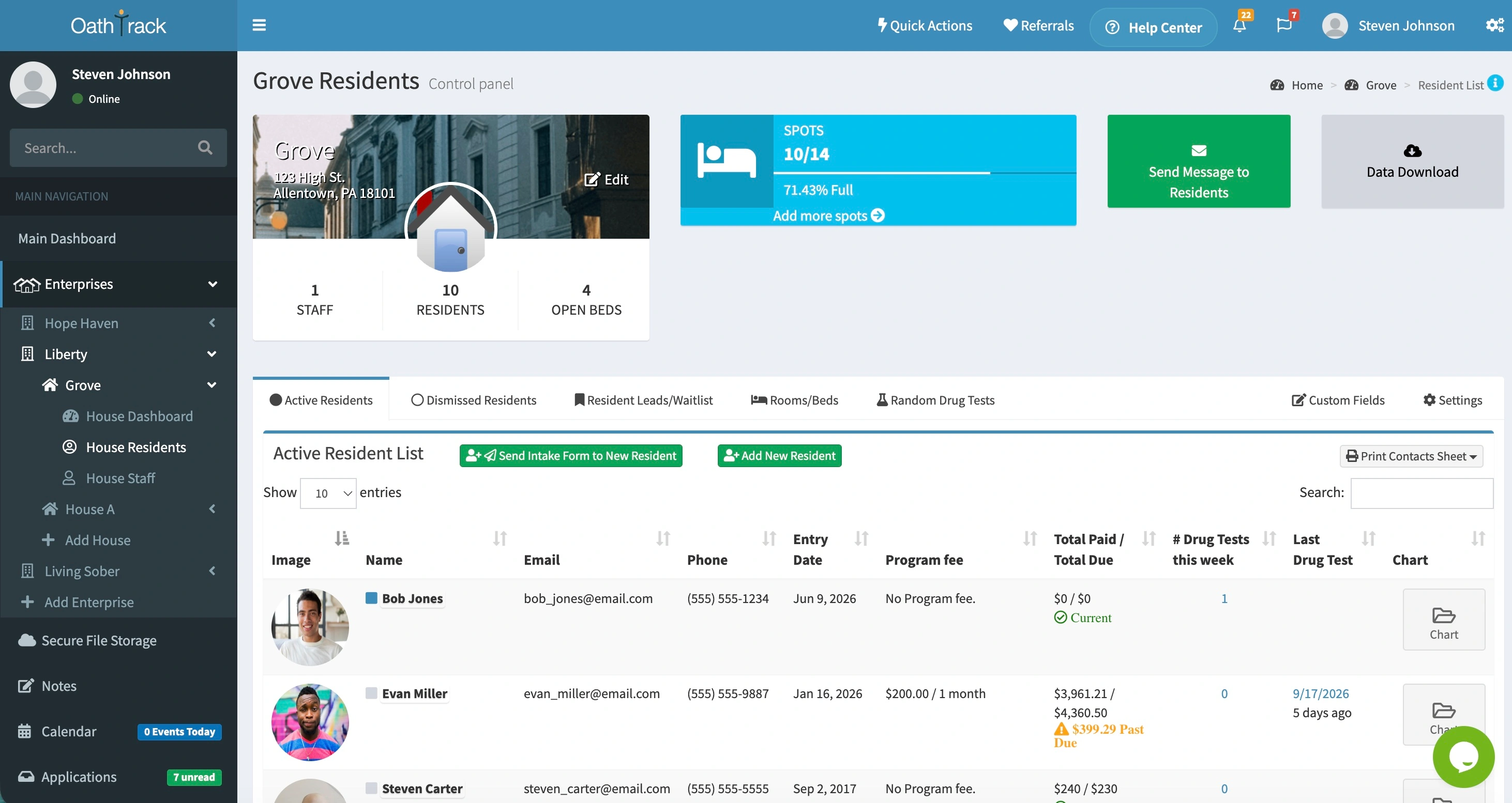 Oathtrack house dashboard with resident information, open beds, and recent activity